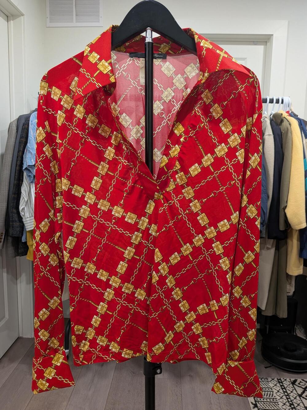 Vintage Les Copains Red Chain Print Blouse: Women's Large, Made in Italy